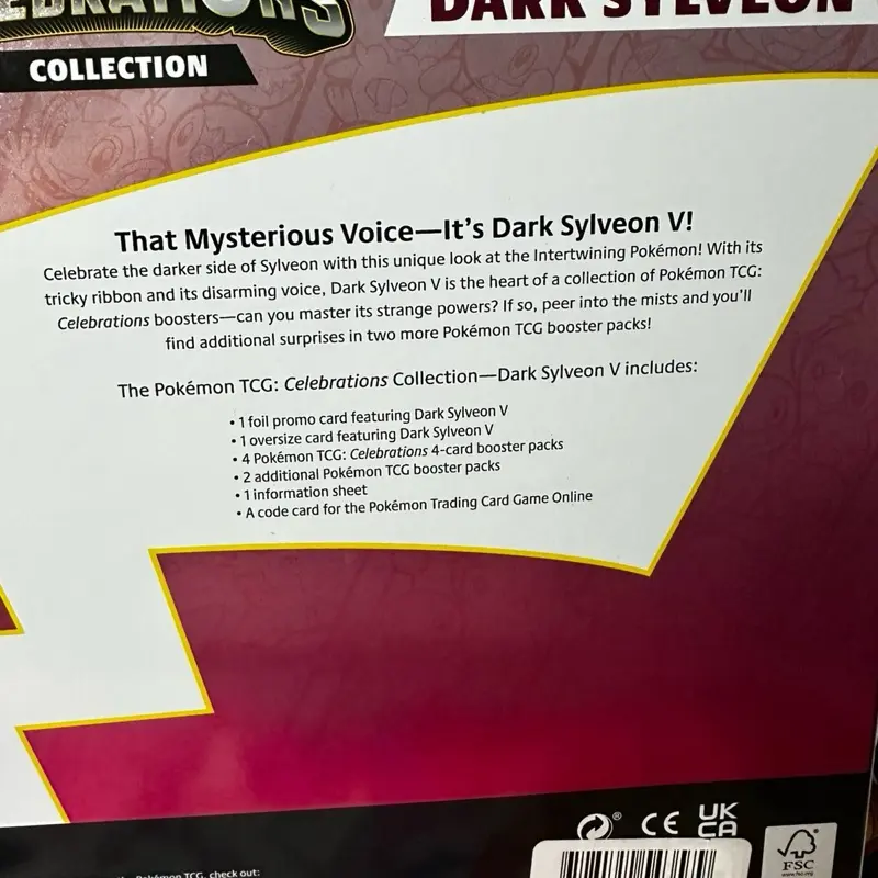 Pokemon Celebrations Collection- Dark Sylveon V Box- 4 celebrations packs,  1 evolving skies , 1 fusion strike, dark sylveon v promo and jumbo dark  sylveon v card - TikTok Shop