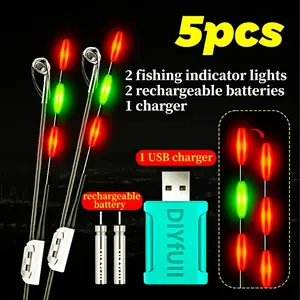 5-Piece Fishing Rod Tip Light Set, Rechargeable Battery & USB Charger, LED Fish Biting Alarm, High Visibility, Dark Environment Use