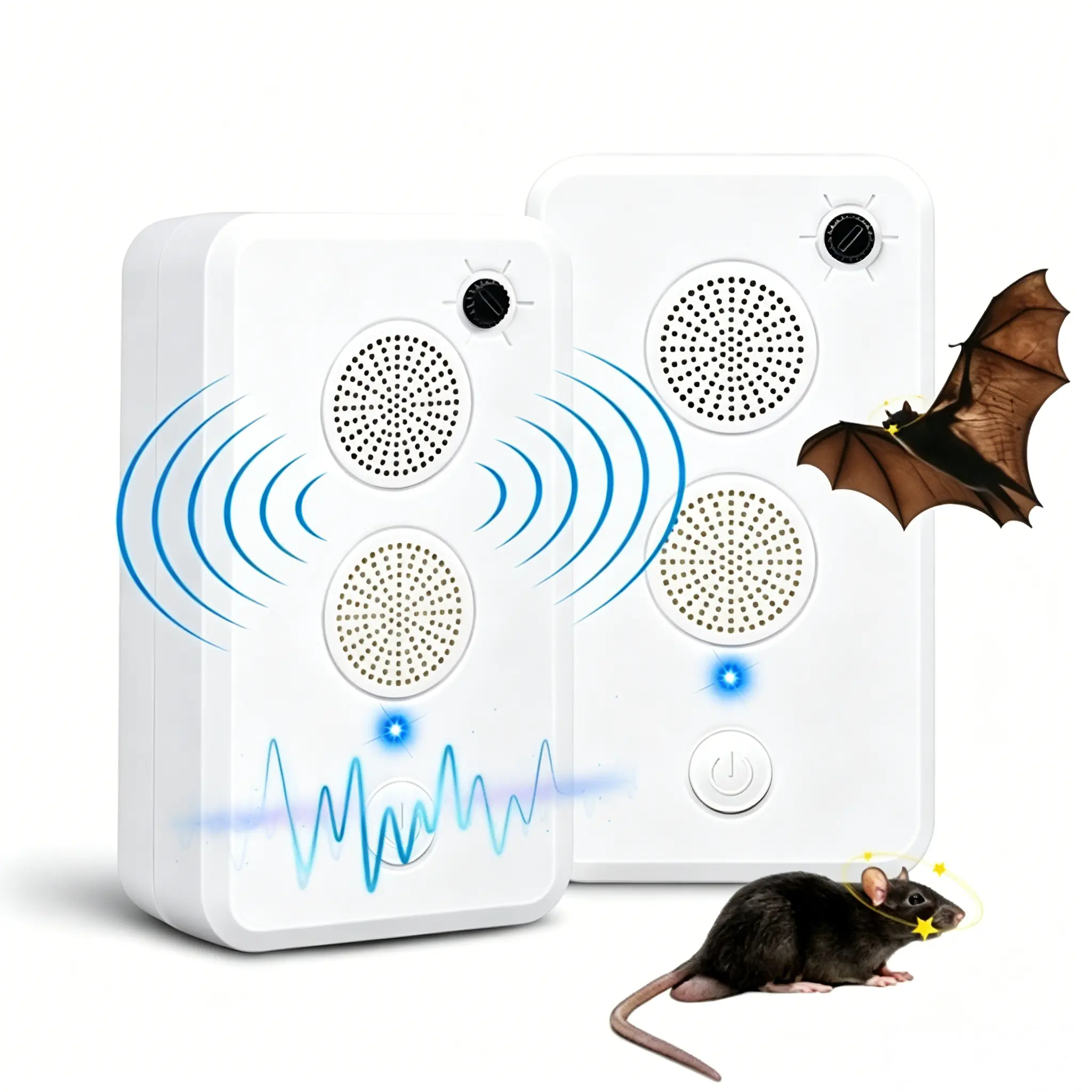 2-Pack Rechargeable Ultrasonic Bat Repellent Device for Farm Animal & Poultry Cages - ABS Build, 5V/2A Charging, 74g Lightweight, Dual Speakers, 6 Adjustable Deterrent Levels, 950mAh, Automatic, Indoor/Outdoor Attics/Porches, Coop Barrier for Chicken Care