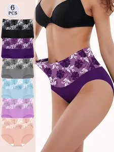 Women's High Waisted Underwear - Floral Print 6-Pack - Tummy Control & Lace Trim - Breathable Nylon Spandex - Comfortable for Daily Wear, Workout, All Seasons Elegant Smooth Womenswear Elegance Fashion Feminine Panties Matching   Soft Soft Soft Soft