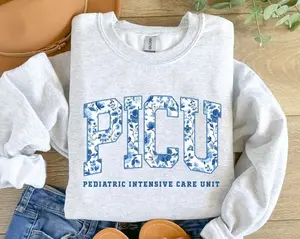 PICU Nurse  T-Shirt OR Sweatshirt , Pediatric Intensive Care Unit short sleeve , Blue Toile Pediatric ICU Nurse , Peds Nursing Team Cotton Crewneck