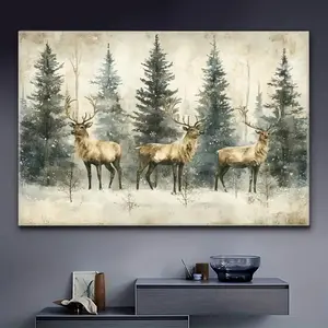 Vintage Reindeer & Pine Tree Canvas Art Christmas Glow Wall Decor Framed Modern Abstract Print for Living Room Bedroom Ideal Holiday Season Decoration Gift Hanging Kit Ornaments Artistic Photo UV Resistant Ink