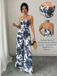 Elegant Women's Strapless Woven Print Romper, Waist-Cinch Wide-Leg Design, Perfect for Vacation & Daily Wear, Stylish One-Piece