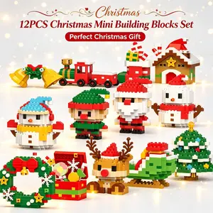 12 in 1，Santa Claus Design Building Blocks Toy, Building Blocks Set, DIY Assembly Kit, Cute Building Bricks Ornament, Snowman & Reindeer Creative Desktop Decoration for Home Office