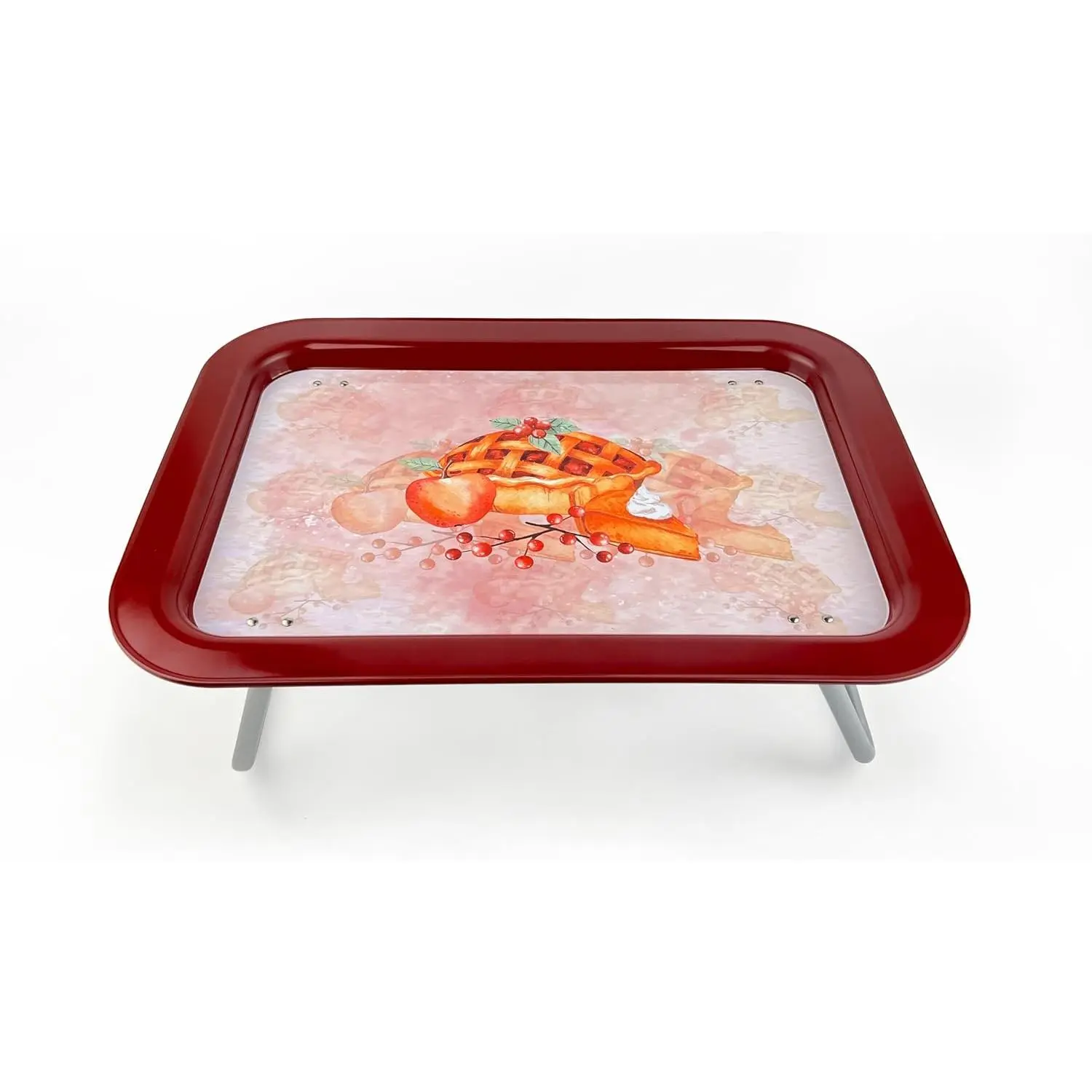 Metal Lap Desk with Foldable Legs, TV Lap Bed Tray 17x12 inches, Modern Design Lap Serving Tray Tables for Kids, Bread Pattern, Brownish Red Plates