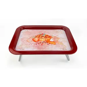 Metal Serving Tray with Foldable Legs, 17x12 inches, Modern Design Metal Tray Tables for Kids, Bread Pattern, Brownish Red