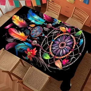 Bohemian Dreamcatcher Tablecloth with Colorful Feather Flower Decor, Washable Artistic Table Cover for Picnic Camping Wedding Birthday Party Christmas Restaurant Buffet