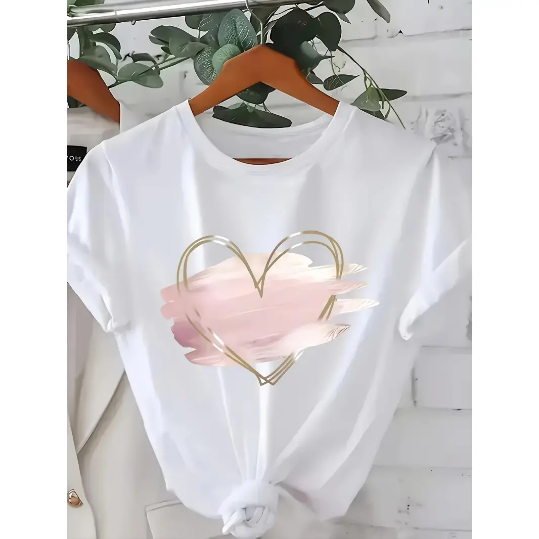 Women's Cotton Graphic T-Shirt - Short Sleeve Crewneck, Cute Heart Print, Soft Breathable, Casual Chic, Colorful Style Streetwear Top for Everyday Wear, Beach Brunch Gifts, Shortsleeve, Lightweight Breathable Soft Women's T-Shirts