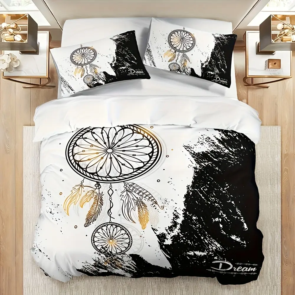 3-Piece Bedding Set Suit Vibrant Black and White Dream Catcher Printing (1 Set +2 One Pillowcases, No Core), Personalized Bedding, Soft, Warm, Skin-Friendly Quilt Cover, various Sizes Are Suitable for More than Cozy Bedroom Sizes to Meet Different Needs S