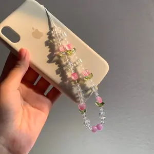 Cute Kawaii Beaded Crystal Tulip Phone Straps Lanyard, Sparkly Y2k Kawaii Bear Phone Charm Lanyard, Beaded Accessory, Cute Gift for Her