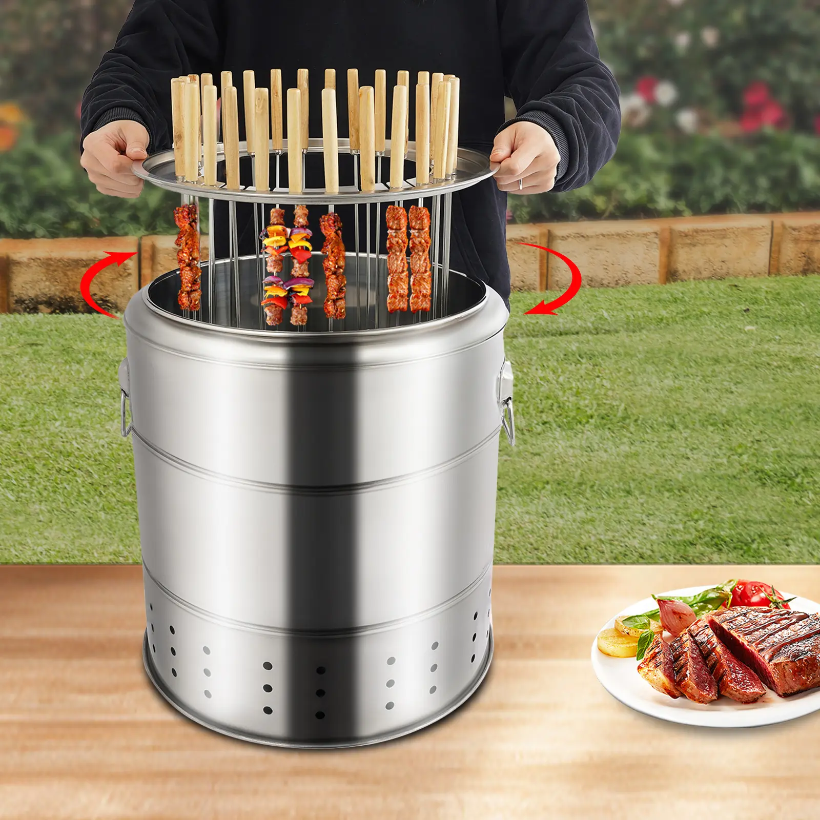 CNCEST Stainless Steel Charcoal Grill with 20-Skewer Rotating Hanging Rack, Double-Walled Even Heat Design, Travel-Friendly Kitchenware, Grill Brush & Barbecue Utensils for Kebabs