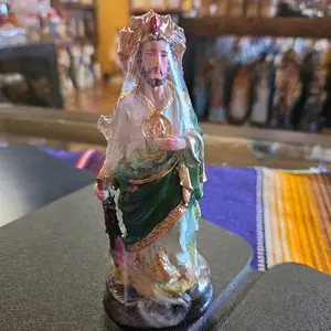 San Judas Religious Decor Figurine with Gold Accents and Green Robe for Home Decor