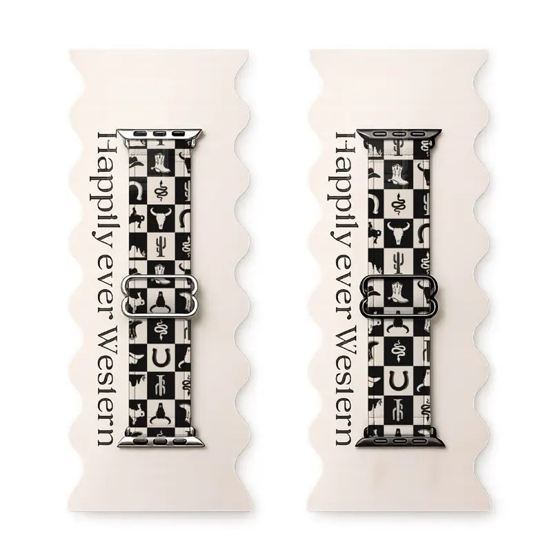 Western Checkered Black and Cream Adjustable Elastic Watch Band