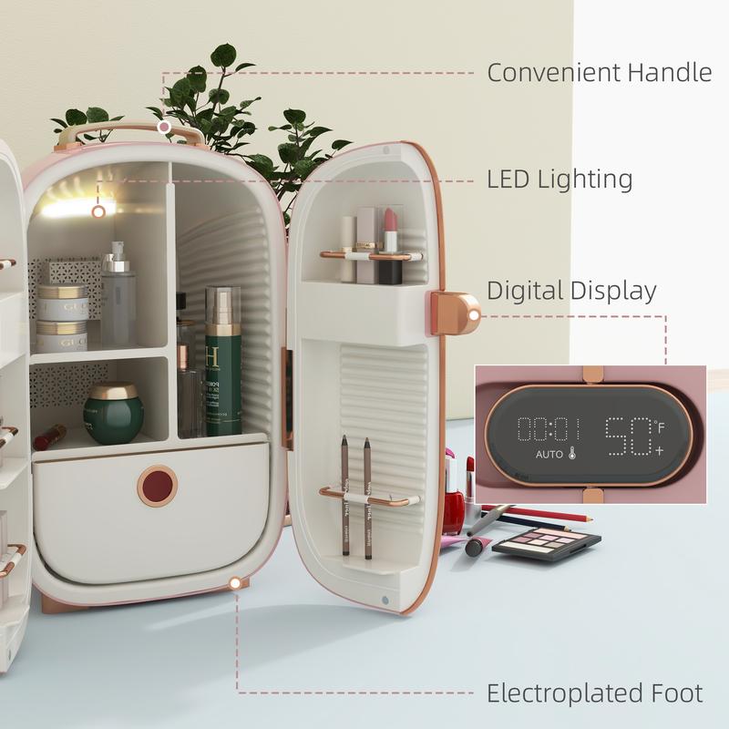 HOMCOM Portable Skincare Fridge with LED Display, 12L Mini Fridge for Beauty, Makeup and Cosmetics, Small Refrigerator Cooler for Bedroom, Home Office, Desktop, Pink