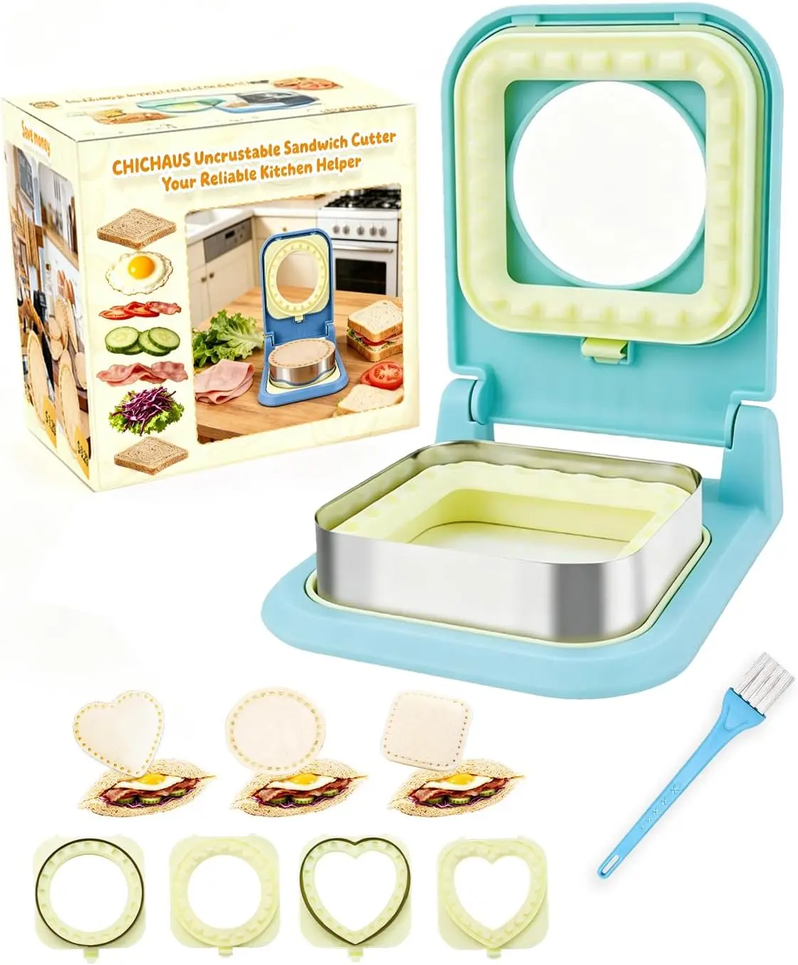 3-in-1 Uncrustable Sandwich Maker - Heart/Circle/Square Crustless Sandwich Cutter & Sealer for Kids' Lunch, Breakfast & Lunchboxes | BPA-Free Press, Easy Clean, Food-Grade PP (Light Blue)