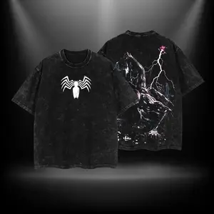 Black Suit Spidey Symbiote MCU Comic Double Printed Oversize Lightweight Acid Washed Tee TV Series Graphic Top Cotton Streetwear T-Shirt