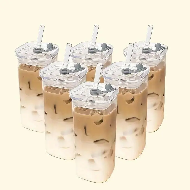 PrimePickGlobal Reusable Portable Heat-resistant Smooth Glass Bottle Tumbler Cups with Lid & Straw - 4/6 Packs, Durable, Washable, Modern Kitchen Drinkware for Home-to-Outdoor Use