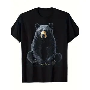 Men's & Women's American Black Bear T-Shirt - 220gsm Pure Cotton Retro Wildlife Graphic Tee with Realistic Bear Face Print, Casual Round Neck Short Sleeve Top for, Outdoor & Casual Attire