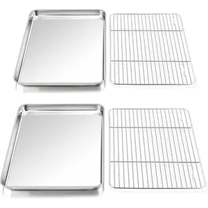16 Inch Stainless Steel Baking Sheet with Rack Set (2 Pans+ 2 Racks), Cookie Sheets Baking Trays and Cooling Wire Racks, Oven & Dishwasher Safe, Pans with Flat Racks