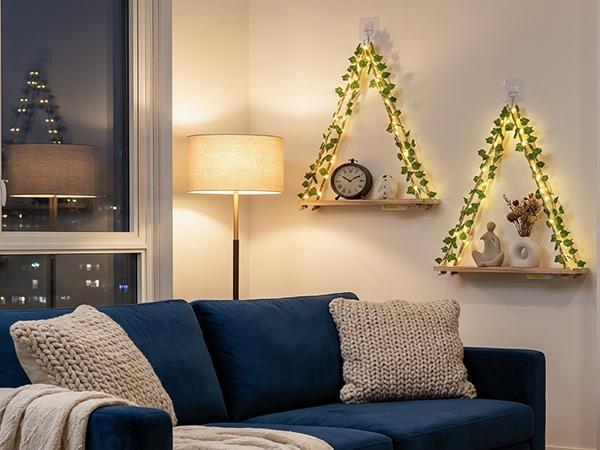 RICHER HOUSE Artificial Ivy LED-Strip Wall Hanging Shelves, Macrame Shelf for Bedroom Bathroom Living Room Kitchen, Wood Hanging Plant Shelves for Wall Décor