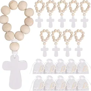 36pcs Wooden Bracelets with Cross Pendants, Bulk Catholic Rosary Beads, Includes 36pcs Mesh Bags, Ideal for Religious Gifts