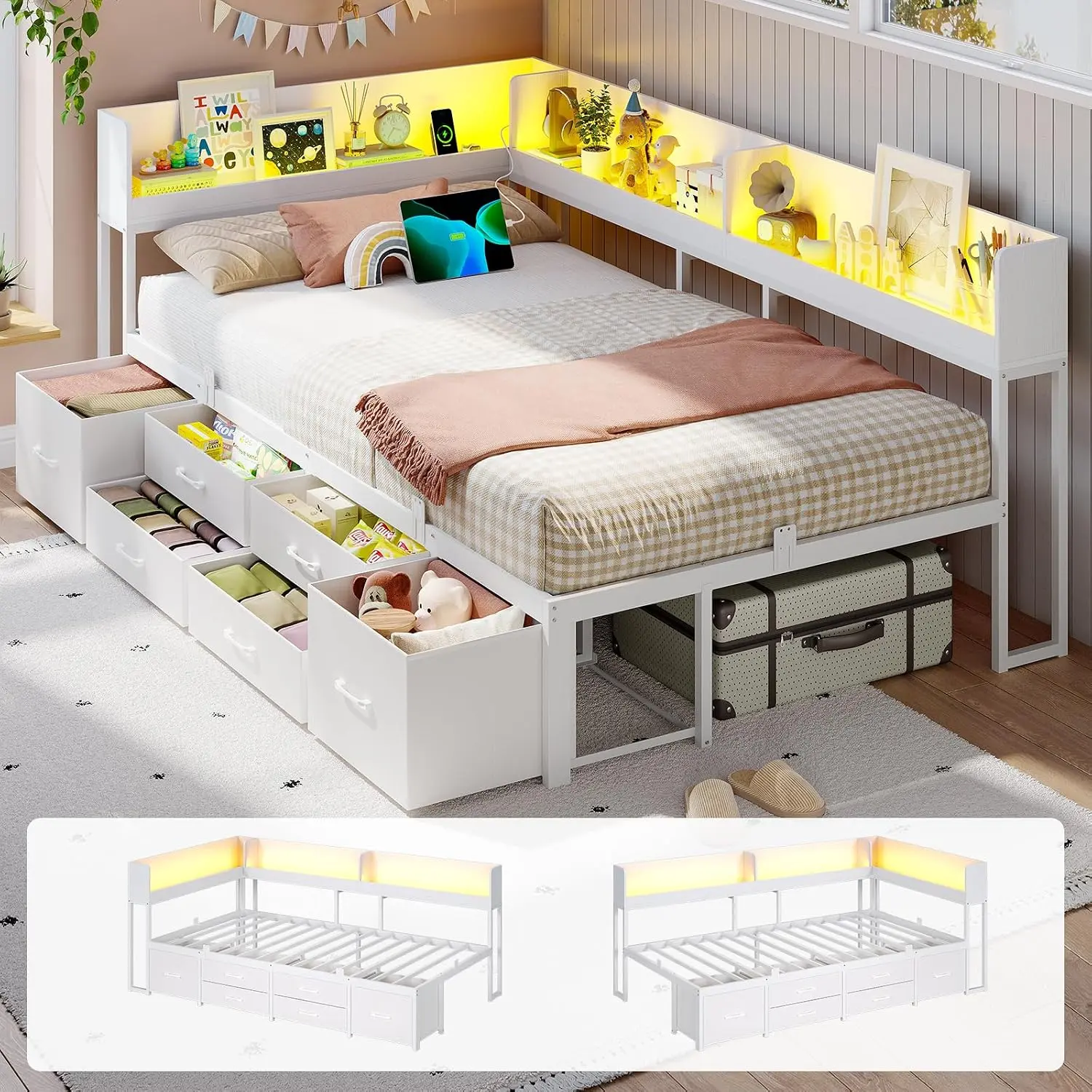 Sikaic Twin Corner Bed Frame with Storage, 6 Drawers & Bookcase, Metal Platform Bed with LED Lights and Charging Station, Twin Daybed for Teens, Space-Saving Design, White