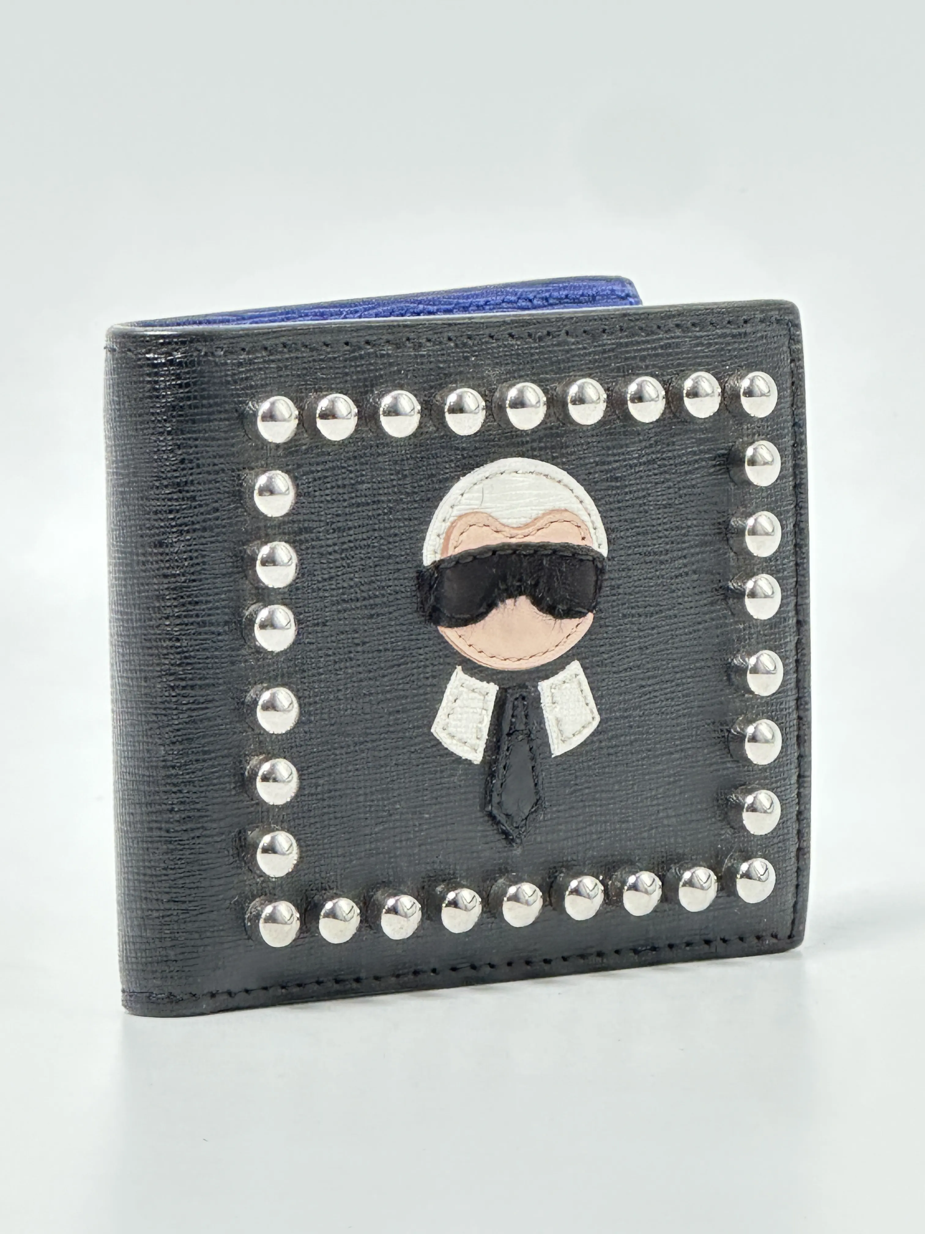 Pre-owned FENDI LEATHER WALLET Black Karlito Studded Bifold SH018 2016
