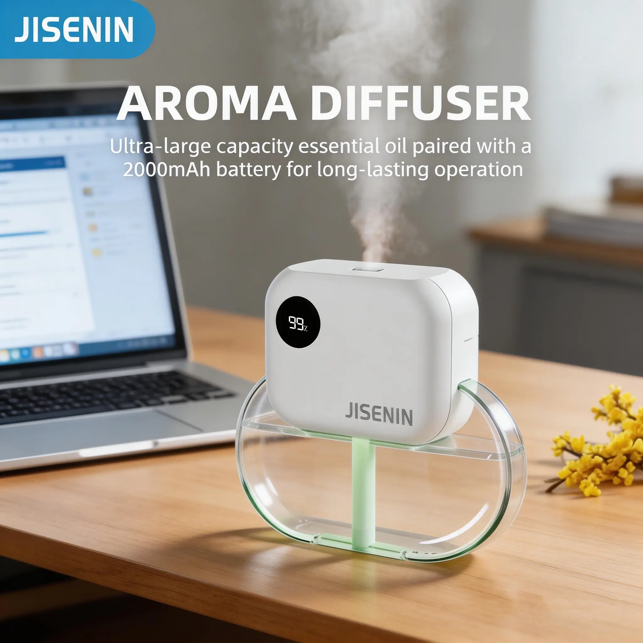 JISENIN  Multifunctional Diffuser & Home Humidifier, 2000mAh Rechargeable Battery, 6 Mist Timer Settings, Available with A Choice Of 1- Or 3-Bottle Essential Oil Sets, Home Air Freshener, Ideal for Homes, Cars, And Hotels