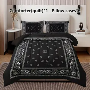 Paisley Quilt Set with 2 Pillowcases, Soft Lightweight, Digital Print, Includes 200gsm Filling, Ideal for Bedroom Dorm Home Use