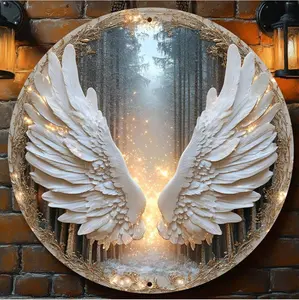 Classic Angel Wings Round Metal Wall Art 8x8 Inches Vintage Sign with High Definition 2D Printing Multipurpose Decor for Living Room Office Party Thanksgiving Christmas