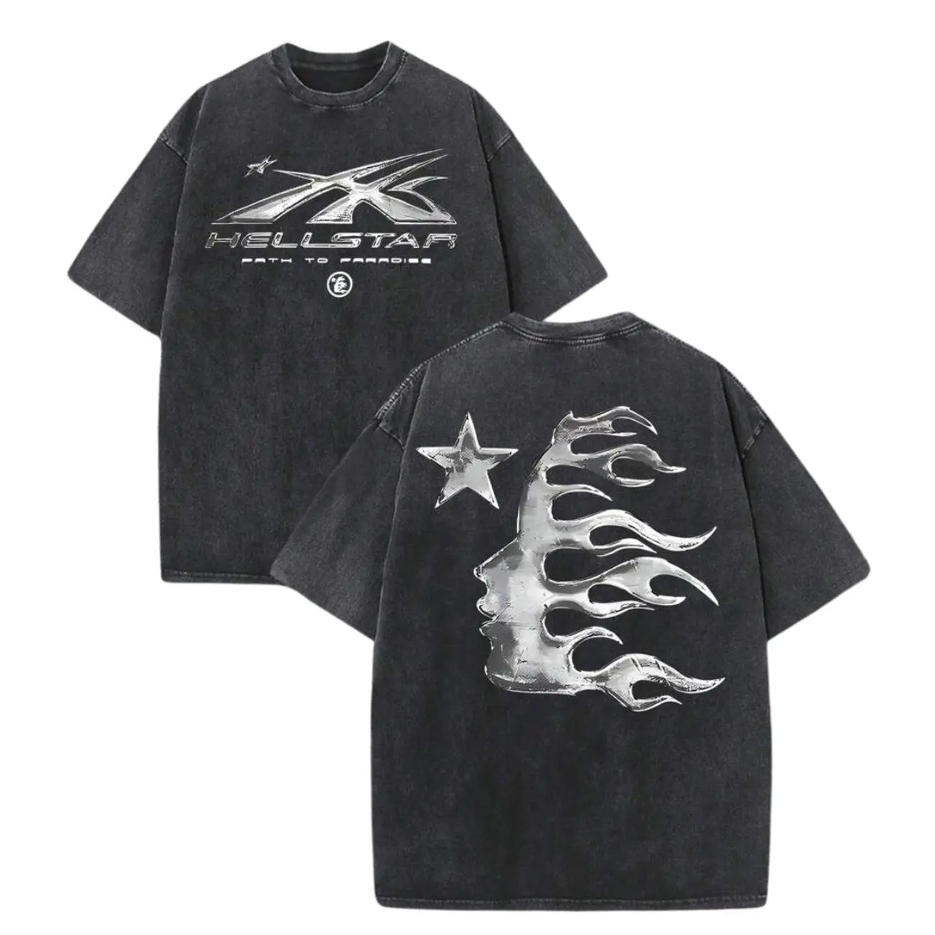 Hell Flame Star Silver Vintage Acid Wash Cotton T-Shirt, All Seasons Fan Oversized Casual Tee, Design Printed Unisex T Shirt