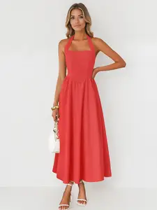Women's Vibrant Casual Thin Waist Sleeveless Ruched Halterneck Maxi Dress