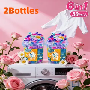 6-In-1 Multi-Function Laundry Pods, 2 Bottles Total 100 Pieces, Precise Dose Anti-Residue, Dissolves Instantly, Deep Clean, Long-Lasting Scent
