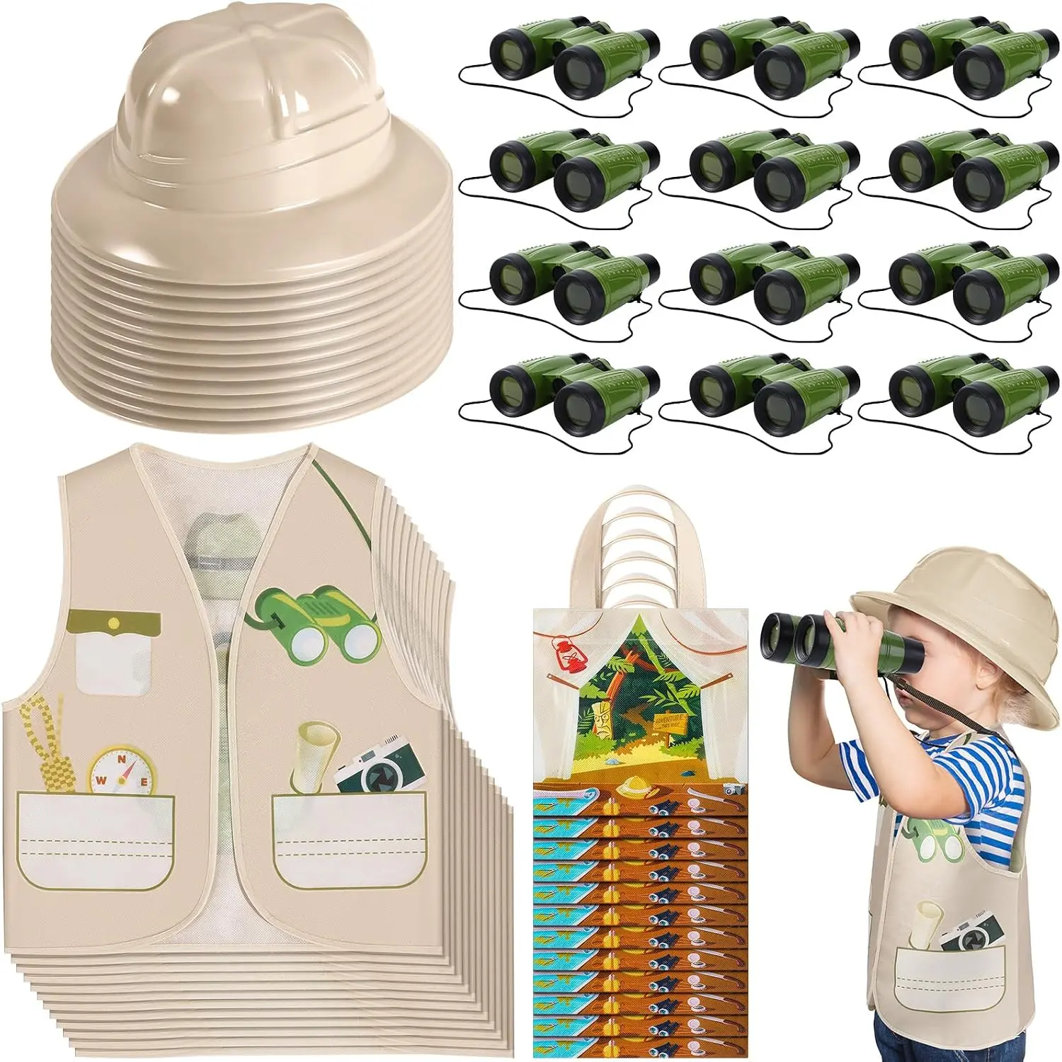 12-Set Kids Safari Explorer Costume Kit (48 Pcs Total), Jungle Party Favors with Vest, Hat, Binoculars, and Safari Tote Bag for 12 Kids, 12 Sets