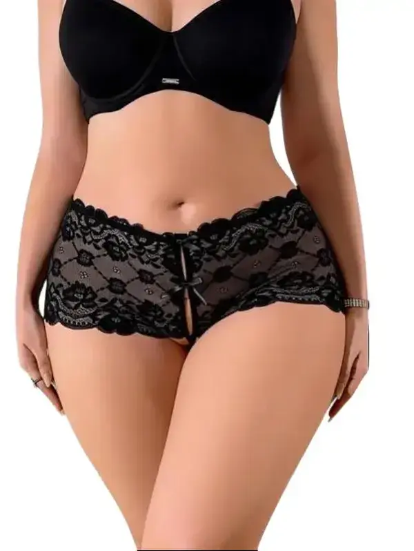 Women's Crotchless Lace Thong Panties - Soft, Comfortable Floral Nylon-Spandex Blend with Cute Bow Accent, Mid-Waist for Halloween, Couples' Dates, Elegant Underwear, Lady, Elegance, Basic, Minimalist, Romance, Fantasy, Breathable Fit, Hollow Back, High W