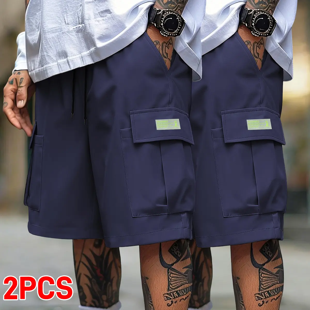 Men’s 2-Pack Multi-Pocket Cargo Hiking Shorts – Durable, multifunctional shorts with two flap pockets and zippered pockets, reinforced belt loops and hammer loops, loose fit, suitable for camping, fishing, and outdoor work.