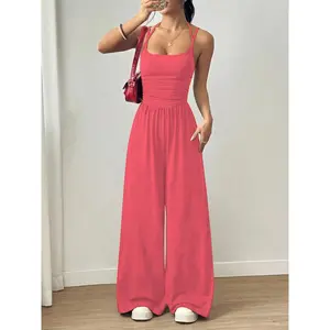Women Black Halter Neck Jumpsuit Sexy Backless Wide Leg Pant Romper Sleeveless Ruched Waist One Piece Outfit Summer Streetwear Casual Jumpsuit