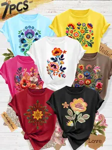 7Pcs Women's Crew Neck T-Shirts, Vintage Folk Floral Series Print, Multiple Colors Available, Machine Washable, Spring & Summer Tops, Soft Skin-Friendly Fabric, Daily Versatile, Fashion Design