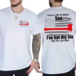 [100% Cotton] Proud of My Firefighter Son T-Shirt, Proud Firefighter Son Graphic Tee, Thin Red Line American Flag Shirt, Firefighter Mom Dad Support Tshirt, First Responder Family Back Print Tee, Gift For Firefighter Parents