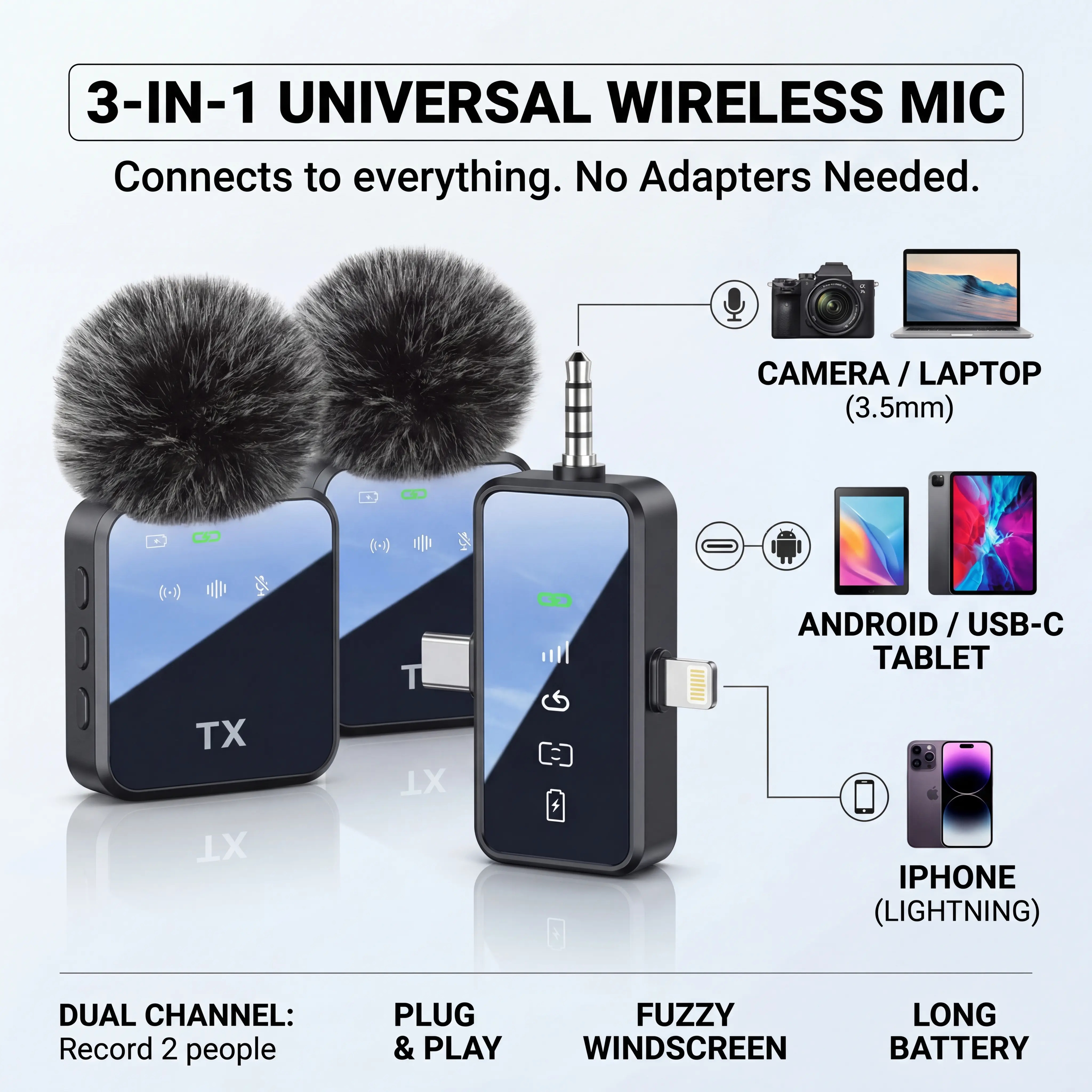 All-In-One Portable Lavalier Microphone, 3 Modes Wireless Recording Mic, Clear Sound Mini Mic for Content Creation & Outdoor Vlogging