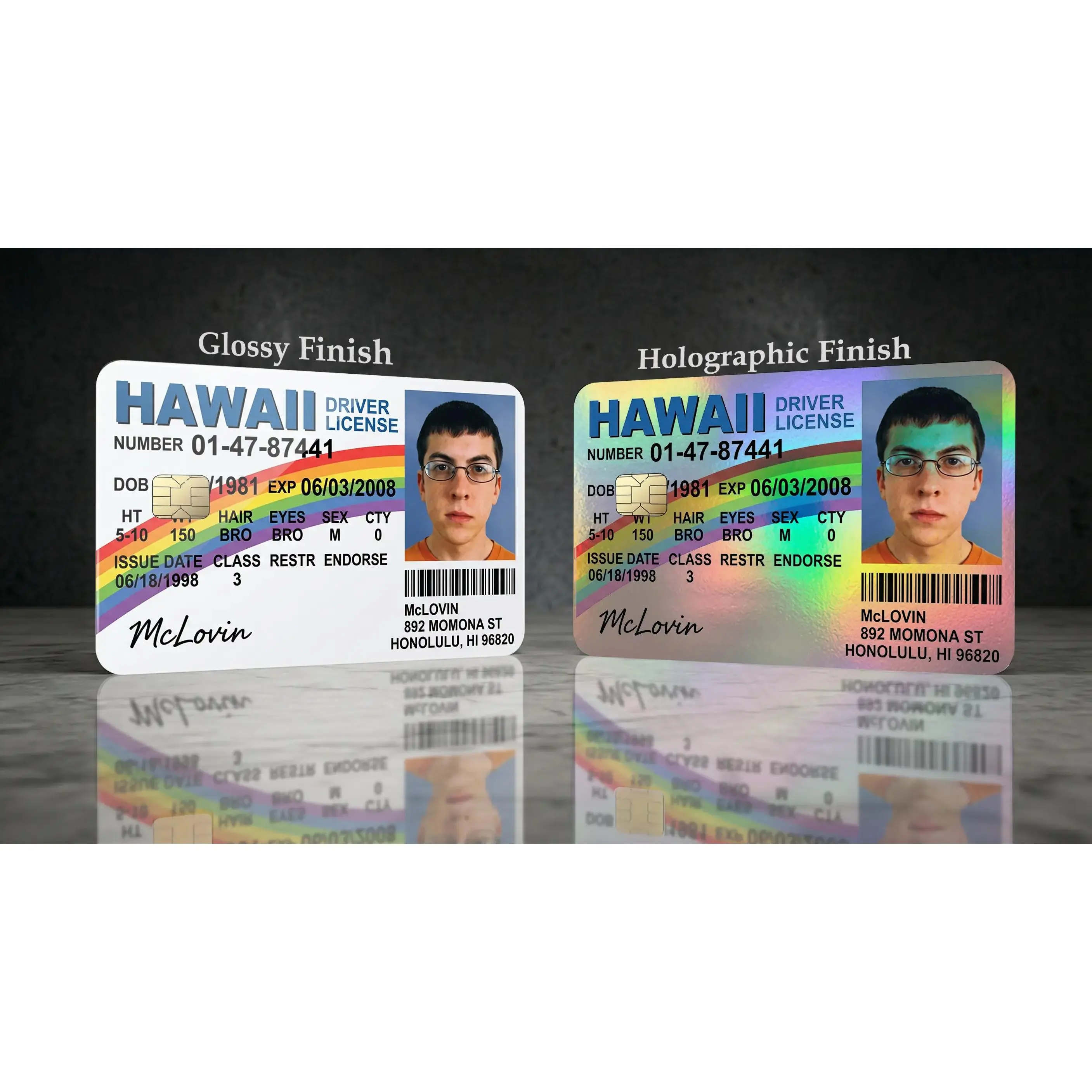 McLovin Hawaii ID Motorcycle Vinyl Credit Card Skin - Funny Novelty Debit Cover Sticker, Character-Based Fun Stickers for Personalize, Waterproof, UV Resistant, Microchip Cut, Card Protection, Holographic/Regular, Easy Installation, Highest Quality