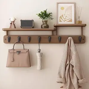 Modern Simple Coat Rack, Durable Iron Hooks, Multiple Hooks, Round Iron Hooks, Storage Hooks, Wall Mounted, Bamboo Material, Multi-Functional Clothes Hanger