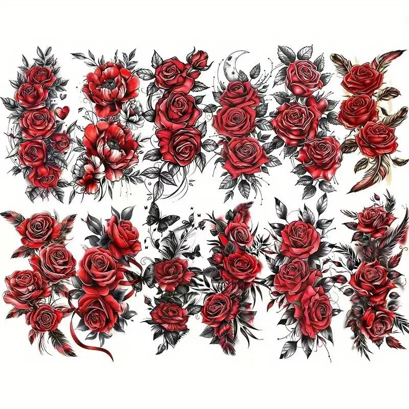 12pcs Temporary Red Rose Tattoo Stickers, Suitable For Arm And Leg Fake Tattoos, Waterproof And Sweat-Proof, Easy To Use, Dancer Chest And Thigh Designs, Very Suitable For Women's Temporary Fake Tattoos
