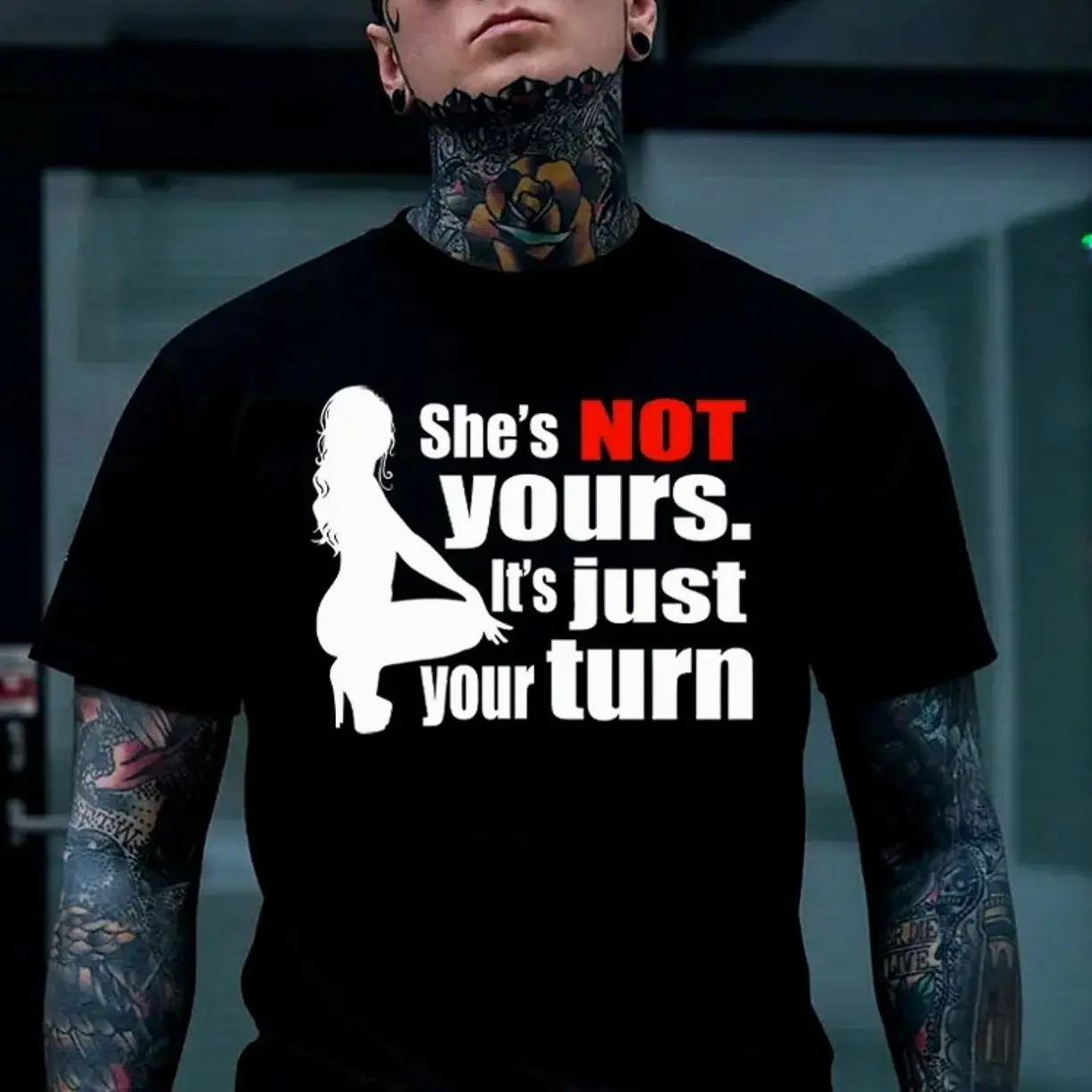 Ver2 Menswear Tops, "She's Not Yours It's Just Your Turn" Naked Lady Print Men's T-shirt