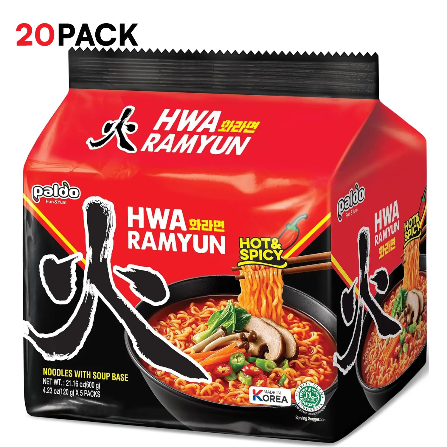 Paldo Hwa Ramyun - with Soy Peptide, Hot & Spicy Noodles, 4.23 Ounce (Pack of 20)