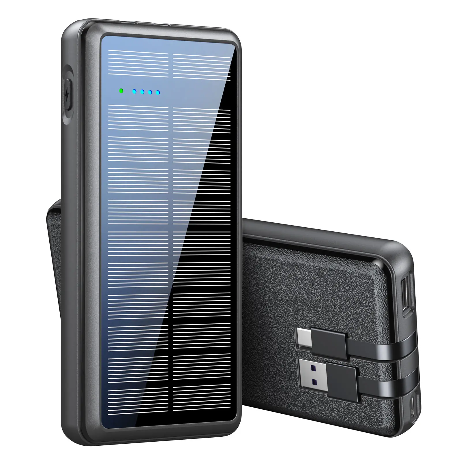 36800mAh (>20000mAh) Chargeable Solar Power Bank - USB Type-C Fast Charging Portable Charger with 2 Built-in Durable Cables, 2 Output Ports, LED Display, Fireproof Dustproof Scratchproof Anti-Fingerprint Materials for Smartphones, Tablets