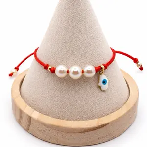 Lucky Bracelet with Pearl Beads and Hamsa Charm Red Cord Adjustable for Women