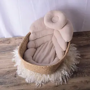 Newborn Photography Props Beige Leaf-Shaped Blanket & Mini Round Pose Support Pillow Soft Plush Breathable Basket Backdrop Mat for Baby Photo Shoot Boys Girls cradle soothing Inflatable Floor Chair with Air Pump auto swing