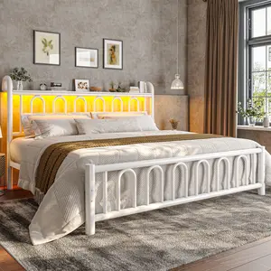 Homkdom Queen Size Metal Bed Frame with Headboard, NO MATTRESS, LED Bed Frame for King with Storage Shelf & Under Bed Storage, Victorian Platform Bed Frames with Footboard, Holds up to 880LBS, Full, Twin, Black, White