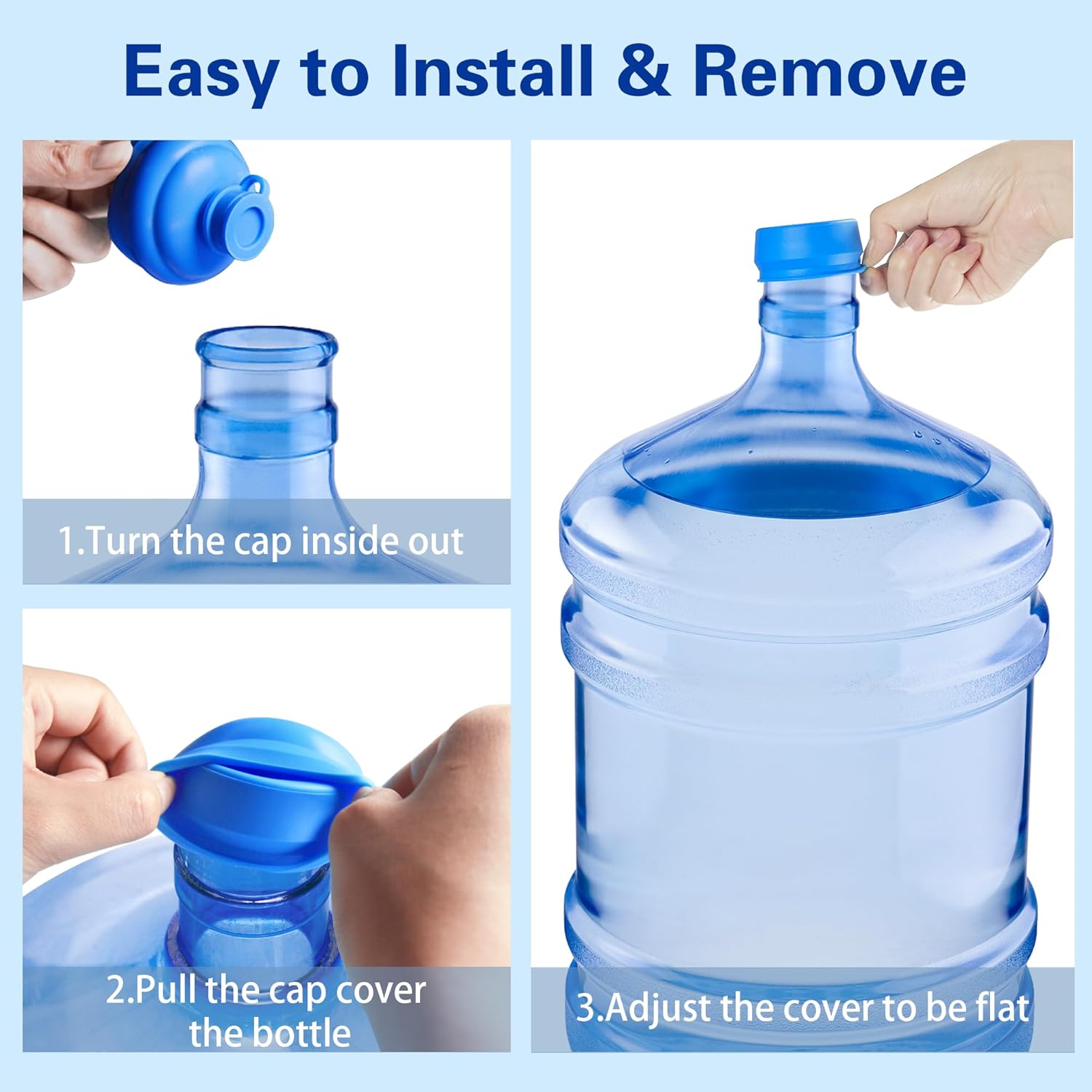 3Pcs Reusable Silicone Water Bottle Cap, Spill-Proof Dust-Proof Replacement Lid, Universal Water Jug Cover, Drinkware Accessories for Home Office Dorm, Blue